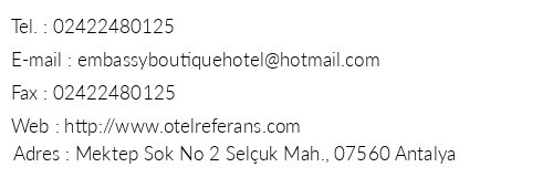 Embassy Boutique Hotel telefon numaralar, faks, e-mail, posta adresi ve iletiim bilgileri